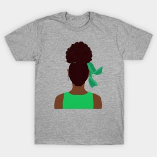 High Afro Puff Ponytail with Green Outfit (Light Gray Background) T-Shirt